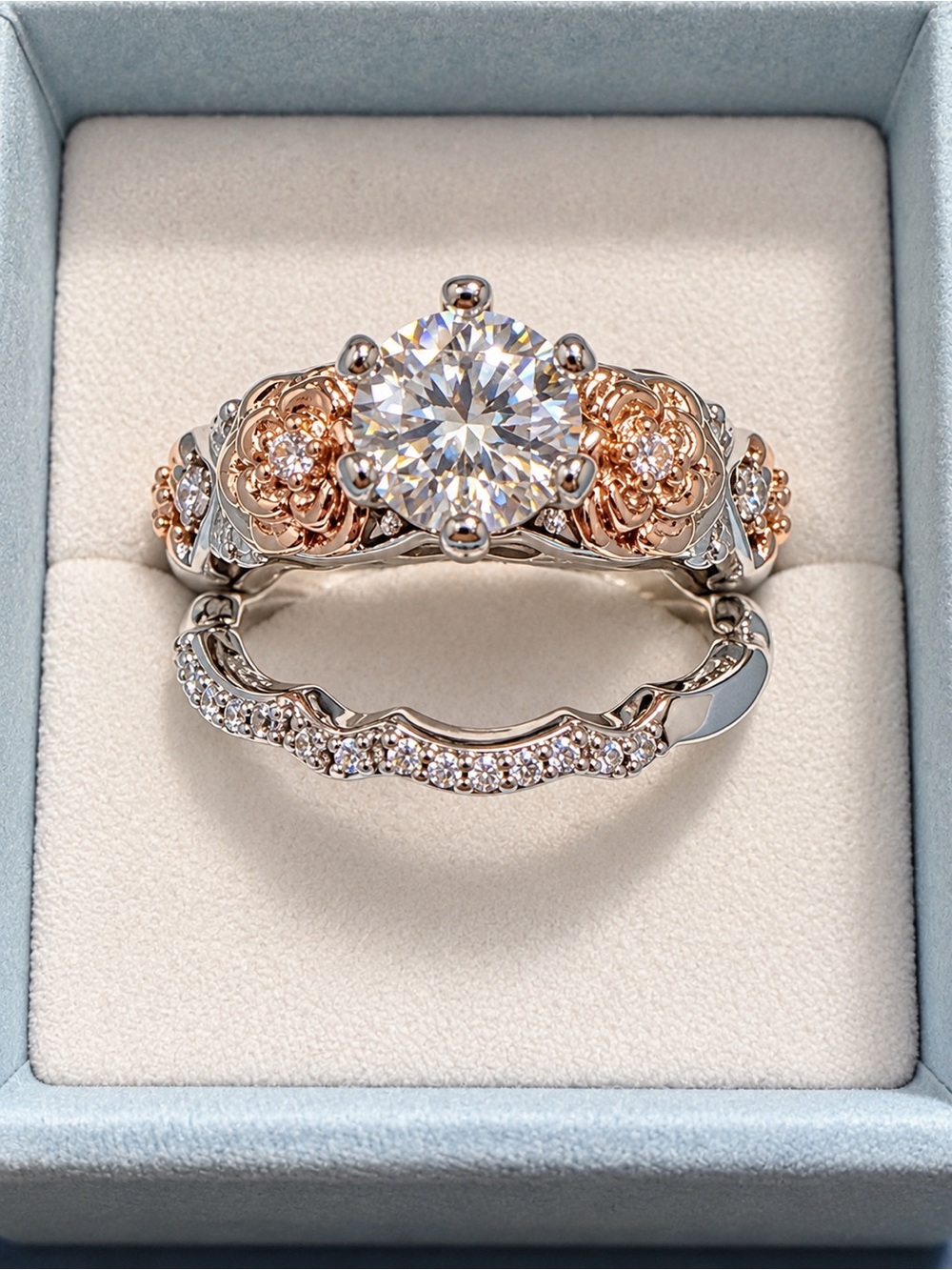 💍 1 CT Moissanite Two-Tone Floral Bridal Ring Set – White & Rose Gold Plated 8